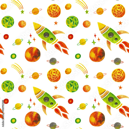 Bright rockets and planets  pattern on a white background.