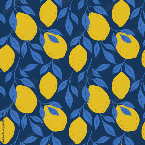 Hand drawn colorful seamless pattern of hand drawn lemons. Citrus fruit background. Perfect for textile manufacturing wallpaper posters etc. Vector illustration