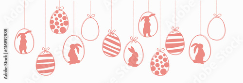 Easter garland with easier eggs and rabbits. Happy easter simple vector card.