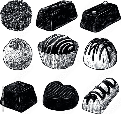 Handmade chocolate pralines illustration, drawing, engraving, ink, line art, vector