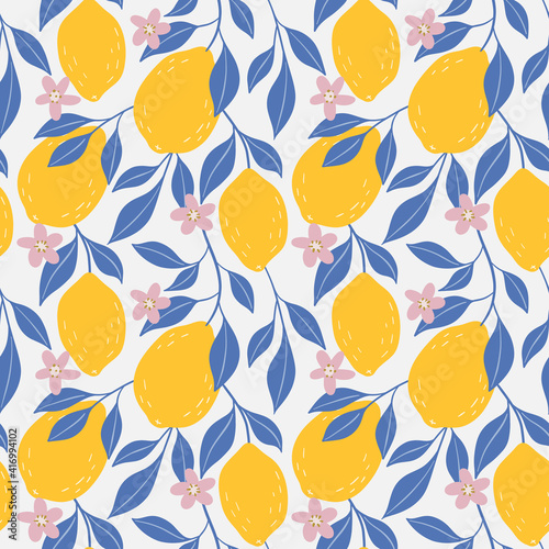 Hand drawn colorful seamless pattern of hand drawn lemons leaves and lemon flowers. Citrus fruit background. Perfect for textile manufacturing wallpaper posters etc. Vector illustration