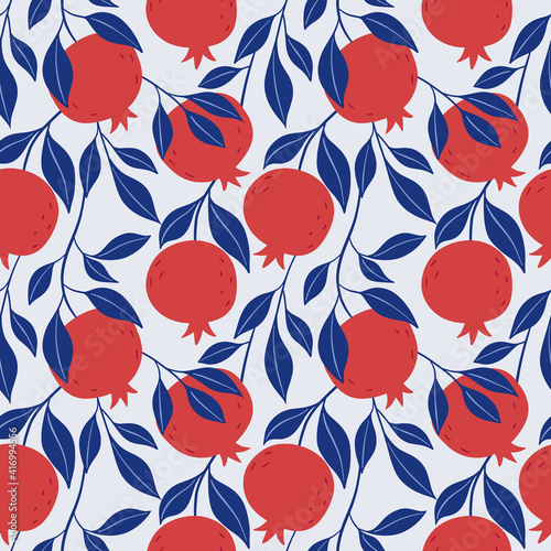 Colorful seamless pattern of hand drawn red pomegranate and leaves. Perfect for textile manufacturing wallpaper posters etc. Vector illustration