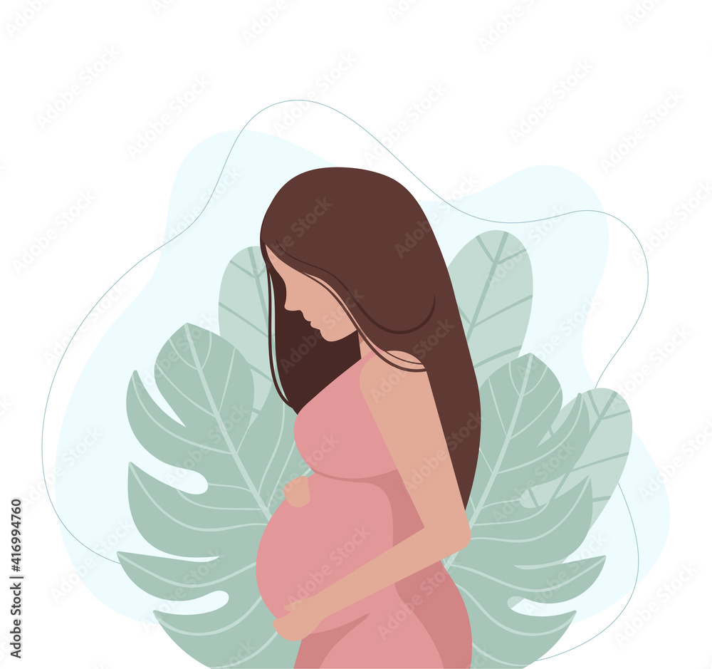 Pregnant young woman.  Nature background with leaves. Hand drawn flat cartoon style vector illustration. Pregnancy, motherhood awaiting baby concept. 

