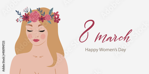 Beautiful happy young woman with flower wreath. Spring romantic vector illustration for Women's Day