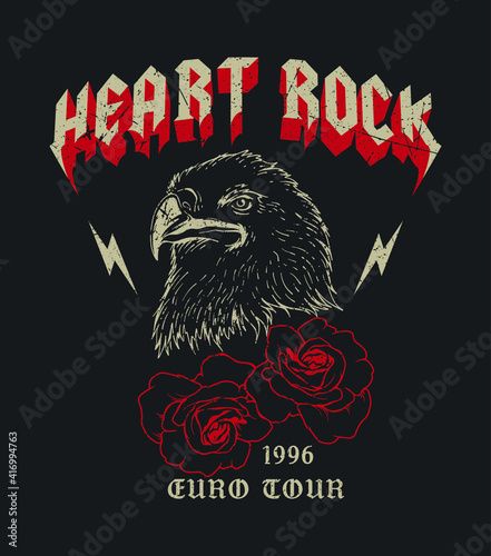 Heart Rock Euro Tour 96 fake rock band grunge poster design with eagle and rose illustration photo