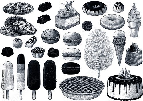 Sweets and cakes collection, illustration, drawing, engraving, ink, line art, vector