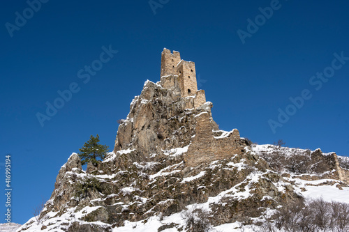 ruins and towers of ancient structures in the Caucasus mountains in Ingushetia 