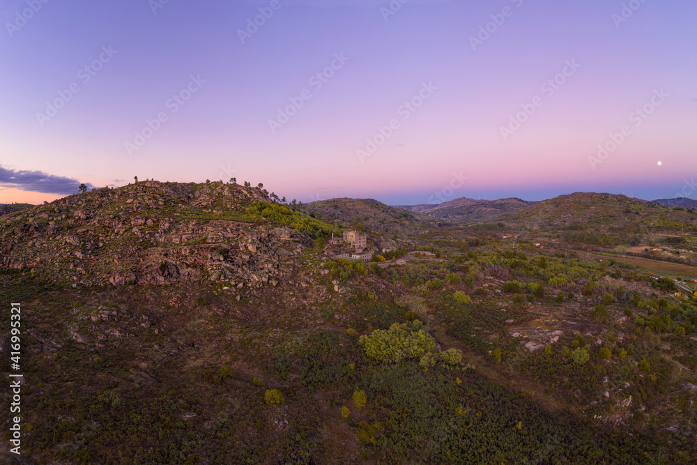 Drone aerial panorama of Termas Radium Hotel Serra da Pena at sunset in Sortelha, Portugal Drone aerial panorama of Termas Radium Hotel Serra da Pena at sunset in Sortelha, Portugal