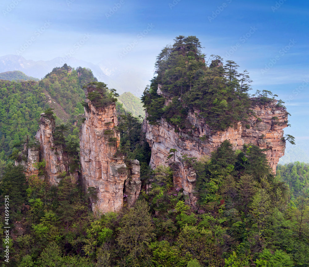 Panoramic aerial Tianzi  Floating Mountain view in Zhangjiajie National Forest Park at Wulingyuan Scenic Area, Hunan province of China