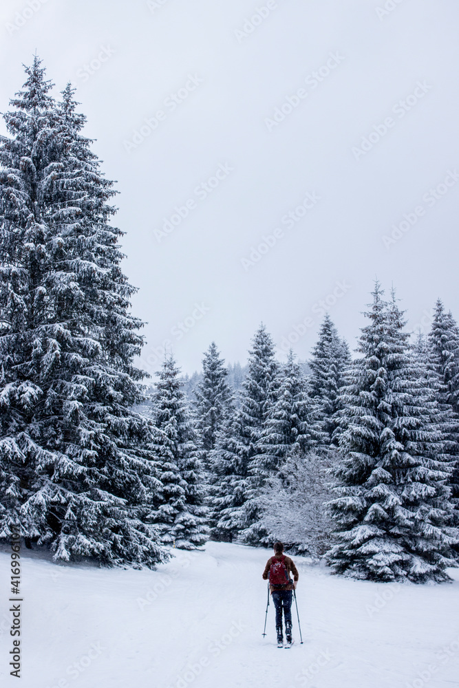 Mountain sport turist. Winter landscape. Cross country skiing. Young man doing outdoor winter sport. 