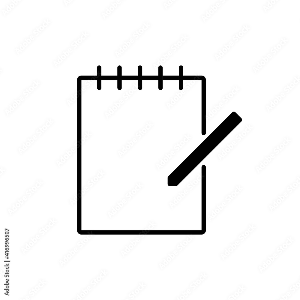 Notepad with pencil line icon in black. Notebook for notes sign. Thin line illustration. Graphic design for app, web, ui, taking notes concept. Work symbol. Isolated on white background. Vector EPS 10 Notepad with pencil line icon in black. Notebook for notes sign. Thin line illustration. Graphic design for app, web, ui, taking notes concept. Work symbol. Isolated on white background. Vector EPS 10