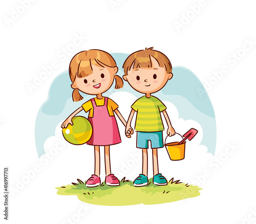 Two vector baby kids girl and boy stand together holding hands, side by side,hand in hand with toys,ball and bucket with scoop.Childhood flashback.Children outdoors portrait on green lawn and blue sky