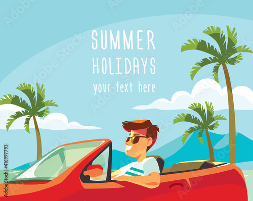 Man guy driving convertible red car on California coastal road on sunny summer day with palm trees and mountains on background. Successful confident young man looking forward while riding convertible