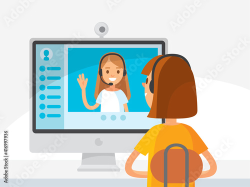 Webinar. Online job. Young woman sitting at, in front of notebook, talking chatting over video chat app. Video chat between two girls. Girl video calling, conversation,using messenger,video conference