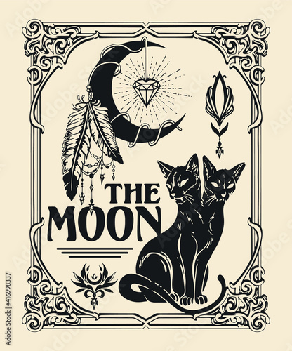 he Moon tarot card inspired illustration included moon feathers and two headed cat with flourishes and ornaments