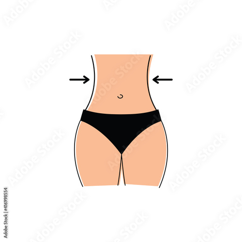 Diet icon, fitness icon. Women waist with arrow