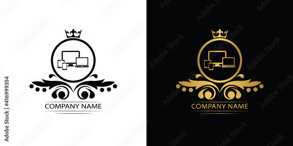 Smart Devices logo template luxury royal vector service company. Phone , tablet, laptop , computer shop decorative emblem with crown	