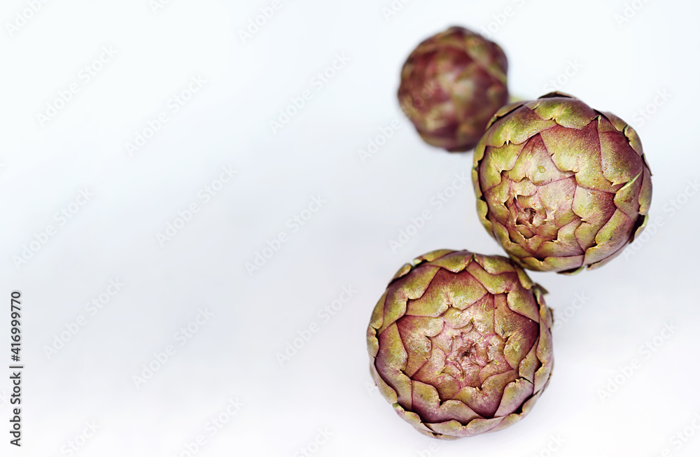 Fototapeta premium Artichoke flower,purple edible bud isolated on white background. Ripe artichokes floating levitating. Mediterranean Spanish and Italian cuisine healthy plant based diet superfoods concept. copy space