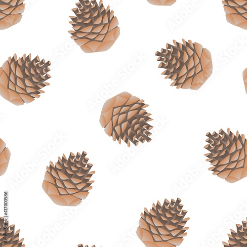 Seamless background with pine cones. Forest background with brown cones on a white backdrop for packaging, wallpaper or fabric.