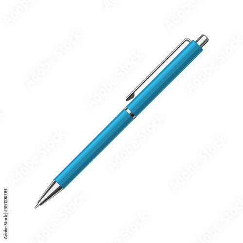 Automatic spring ballpoint pen in blue metallic case. Vector illustration