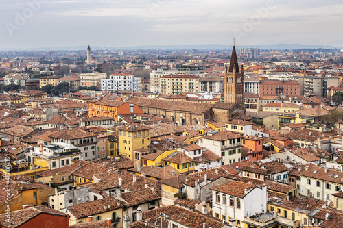 Picturesque aerial view of the city of Verona from the Torre dei Lamberti at sunset. Verona, Veneto region, Italy.