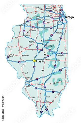 Vector map of the state of Illinois and its Interstate System.