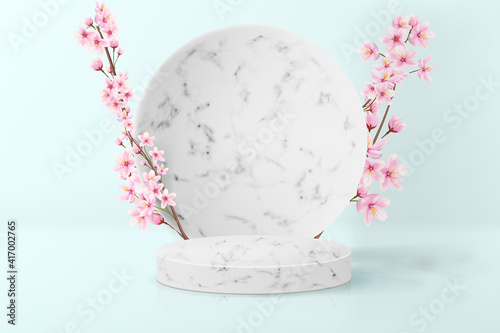 Minimalistic background with Japanese sakura in pastel colors. Realistic empty marble pedestal for product display.