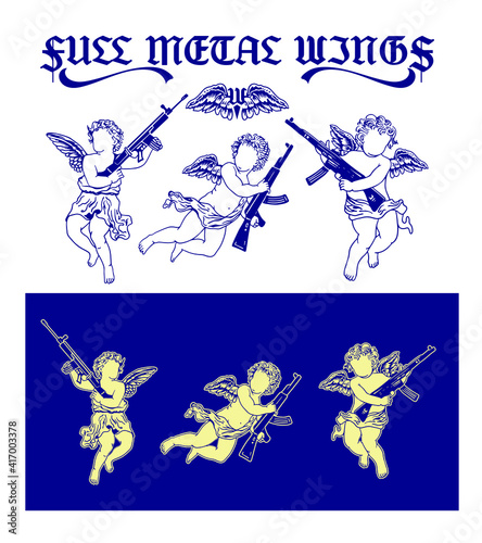 Full Metal Wings slogan print design with angels holding guns illustration