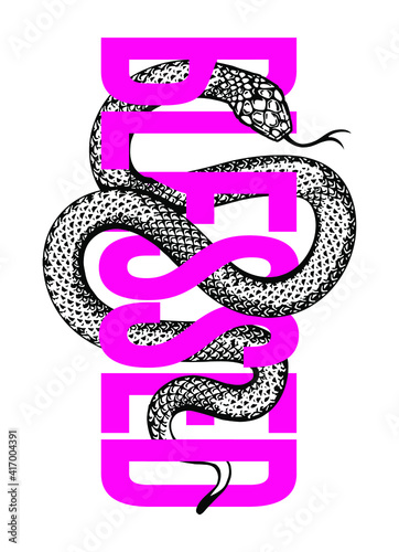 t shirt print design included blessed word with snake illustration