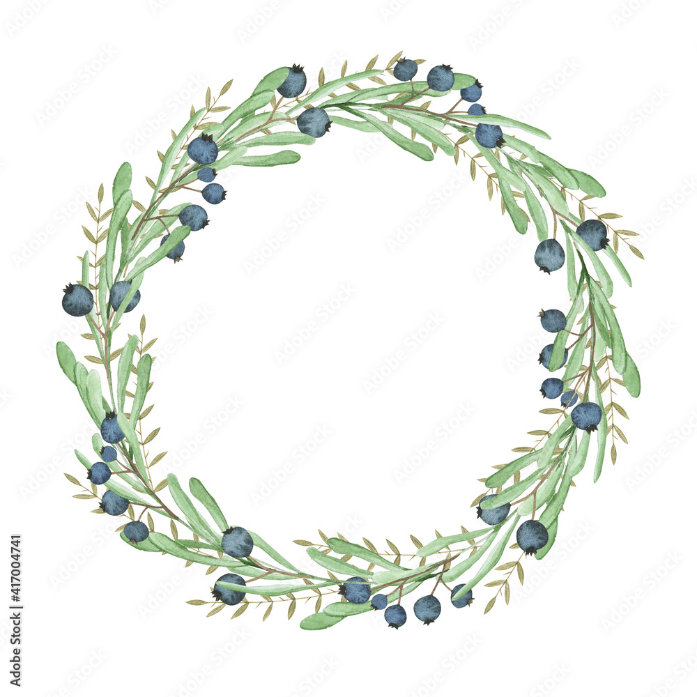 Watercolor greenery wreath with blueberries illustration. Hand drawn summer botanical round frame isolated on white. For wedding invitation, greeting card, logo, label tag and other.