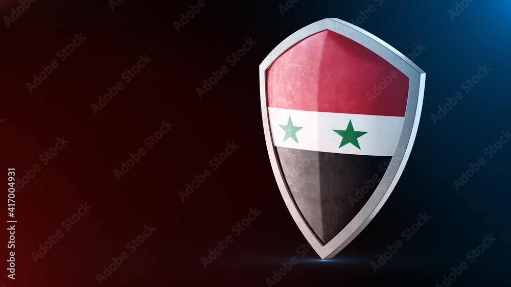 Steel armor painted as Syria flag. Protection shield and safeguard concept. Safety badge. Security label and Defense sign. Force and strong symbol. Steel armor painted as Syria flag. Protection shield and safeguard concept. Safety badge. Security label and Defense sign. Force and strong symbol.