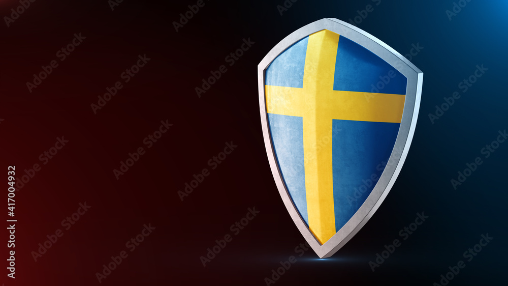 Fototapeta premium Steel armor painted as Sweden flag. Protection shield and safeguard concept. Safety badge. Security label and Defense sign. Force and strong symbol.