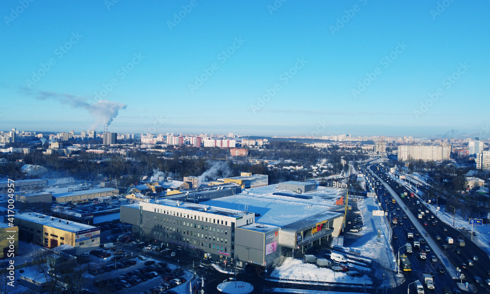 Top view of the cityscape on a winter day. 26 February 2021. Minsk, Belarus