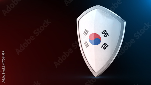 Steel armor painted as South Korea flag. Protection shield and safeguard concept. Safety badge. Security label and Defense sign. Force and strong symbol.