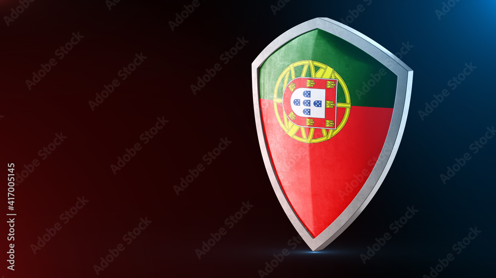 Steel armor painted as Portugal flag. Protection shield and safeguard concept. Safety badge. Security label and Defense sign. Force and strong symbol. Steel armor painted as Portugal flag. Protection shield and safeguard concept. Safety badge. Security label and Defense sign. Force and strong symbol.