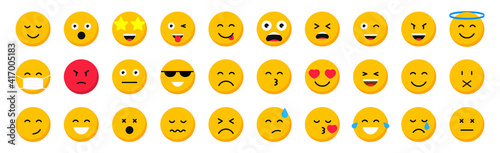 Set of cartoon emoticons. Collection emoji icons. Social media emoticon smile. Yellow faces expressing emotion. Vector illustration.