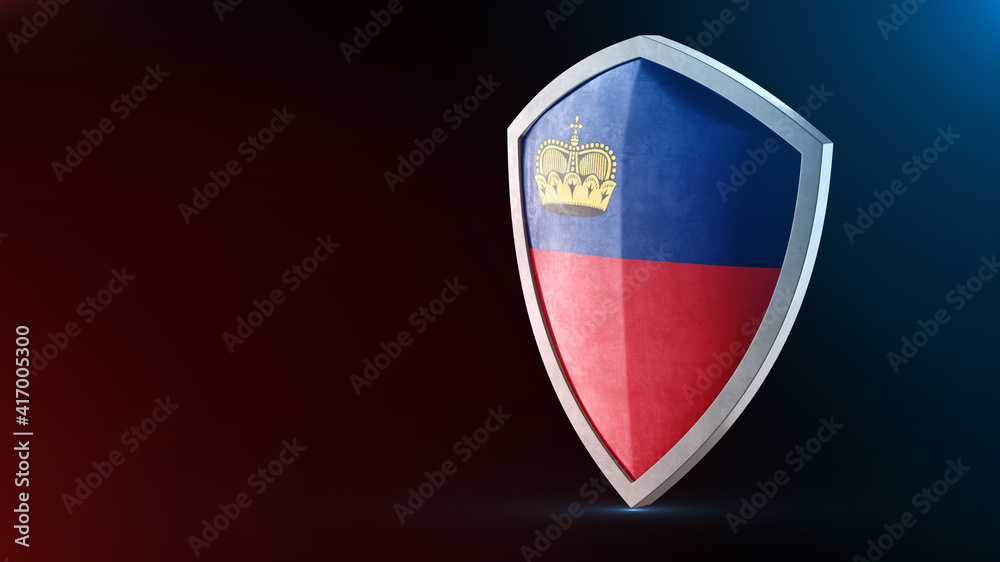 Steel armor painted as Lichtenstein flag. Protection shield and safeguard concept. Safety badge. Security label and Defense sign. Force and strong symbol.