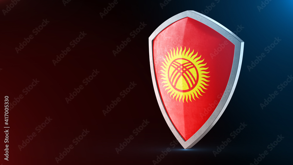 Steel armor painted as Kyrgyzstan flag. Protection shield and safeguard concept. Safety badge. Security label and Defense sign. Force and strong symbol. Steel armor painted as Kyrgyzstan flag. Protection shield and safeguard concept. Safety badge. Security label and Defense sign. Force and strong symbol.