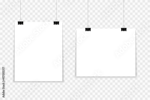 Blank posters hanging on a binder clips. A4 white paper sheet hangs on a rope with clips. Mock up banner for promotion and advertising. Vector illustration.