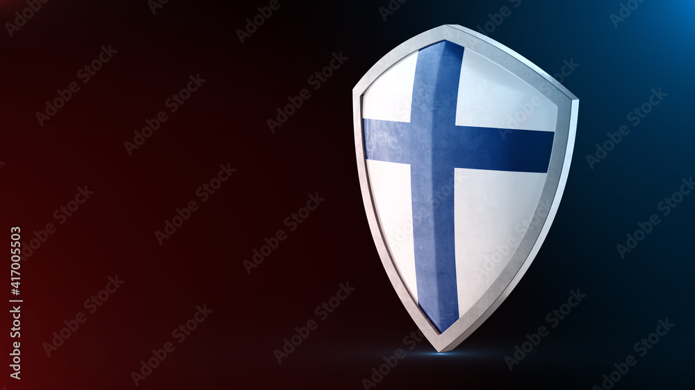 Steel armor painted as Finland flag. Protection shield and safeguard concept. Safety badge. Security label and Defense sign. Force and strong symbol. Steel armor painted as Finland flag. Protection shield and safeguard concept. Safety badge. Security label and Defense sign. Force and strong symbol.