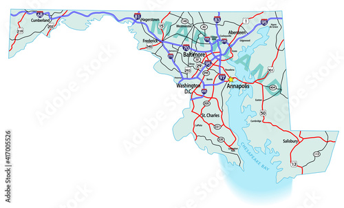 Vector map of the state of Maryland and its Interstate System.