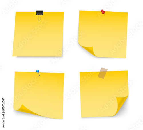 Yellow sticky note paper with push pin, adhesive tape, binder clip. Blank paper sheets for note. Front view. Templates for your message. Vector illustration.