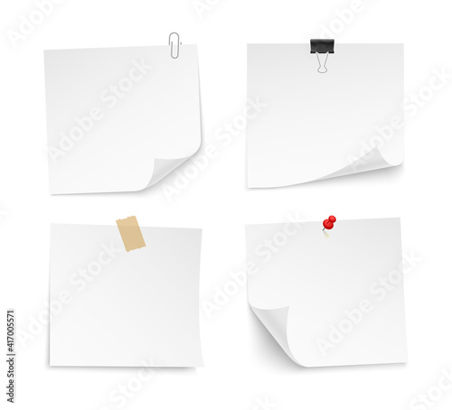 White sticky note paper with push pin, adhesive tape, binder clip. Blank paper sheets for note. Front view. Templates for your message. Vector illustration.