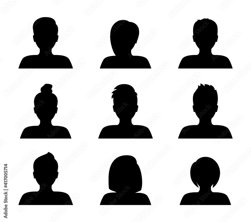Set of silhouette avatars. Male and female face silhouette. People avatar profile. Man and woman portraits. Vector illustration. Set of silhouette avatars. Male and female face silhouette. People avatar profile. Man and woman portraits. Vector illustration.