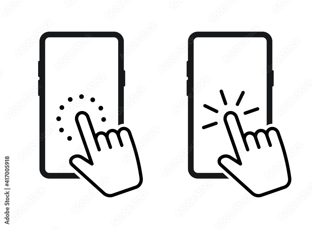 Hand pointer and touch screen smartphone icon. Click on the smartphone. Cursor icon. Clicking finger on the screen phone. Vector illustration. Hand pointer and touch screen smartphone icon. Click on the smartphone. Cursor icon. Clicking finger on the screen phone. Vector illustration.