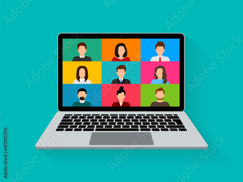 Video conference concept on laptop. Online meeting. Video call with people on the computer screen. Quarantine, remote education, working from home. Vector illustration.