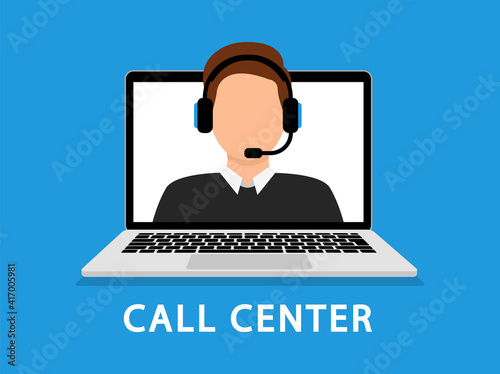 Support service. Customer service operator. Man with headphones in the laptop. Call center online assistant. Hotline support service 24h. Vector illustration.