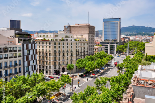 View of Paseo de Gracia street from top of Casa Mila house, Barcelona, Spain