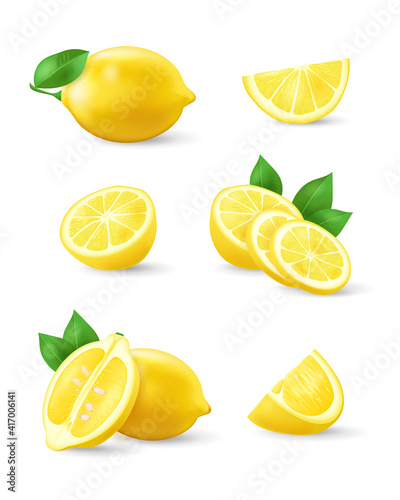 Set of realistic lemon with green leaf, whole and sliced, sour fresh fruits, bright yellow peel, lemons vector illustration isolated on white background. Juicy ripe citrus collection
