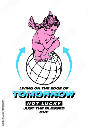 Living on the edge of tomorrow slogan print design with angel and world illustration